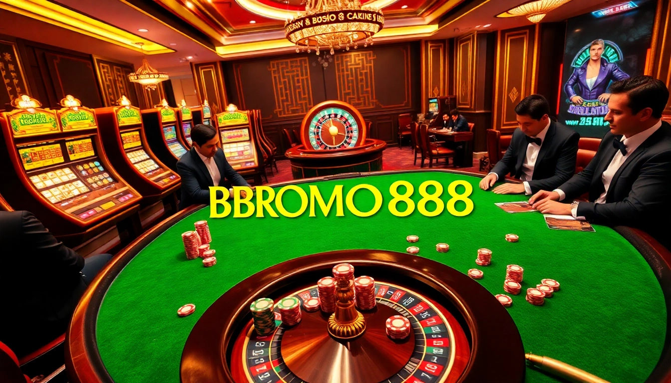 BROMO888 gambling scene with elegant poker players, exciting slot machines, and vibrant casino ambiance.