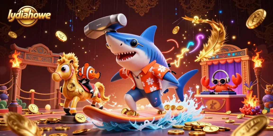 Lydiahowe showcases an exciting 3D casino scene with a shark and vibrant gold coins.