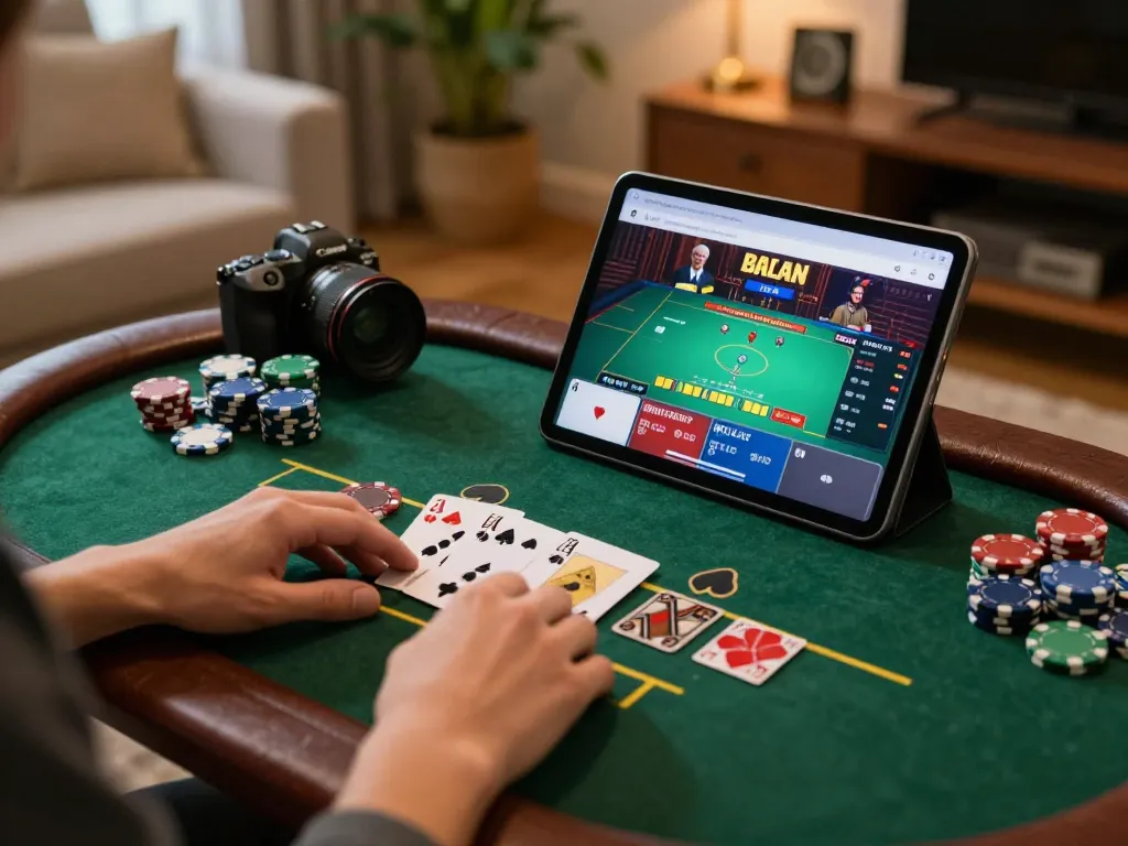 O8 player enjoying live dealer blackjack on tablet in a cozy setting