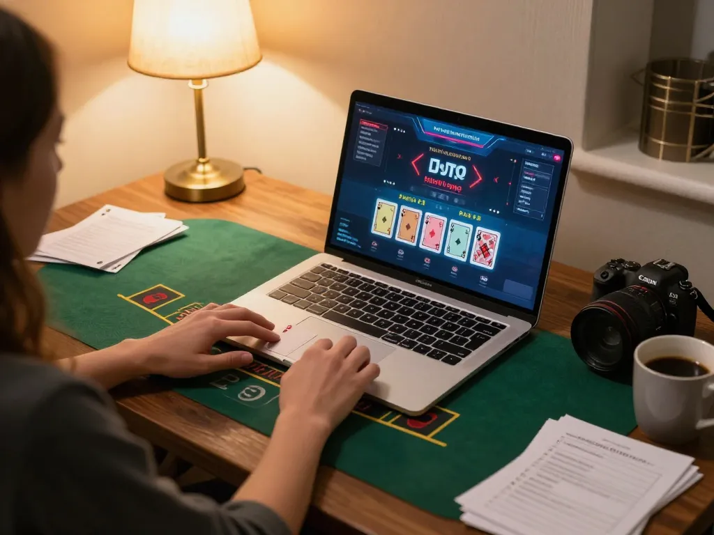 Engage in strategic blackjack gameplay with LC88 on a laptop at home, cozy and inviting atmosphere