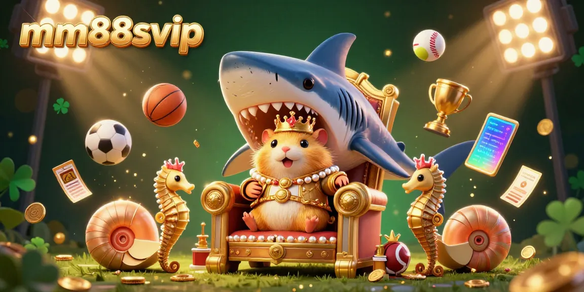 Experience the excitement of mm88svip with a vibrant 3D illustration featuring a golden hamster king on a megalodon throne surrounded by dynamic sports elements.