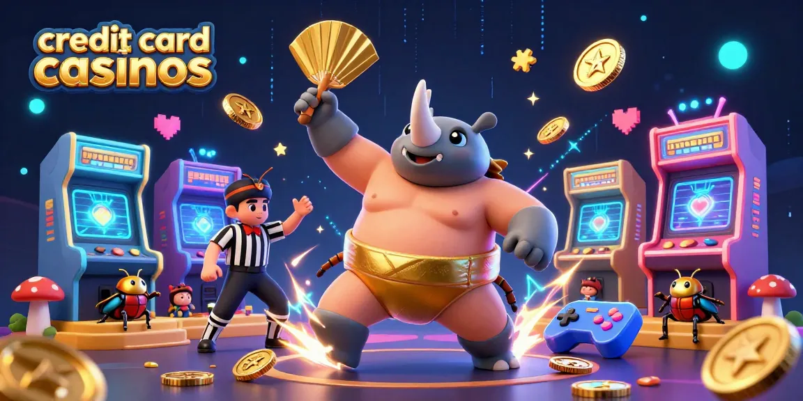 Experience the excitement of credit card casinos with animated characters and casino elements.