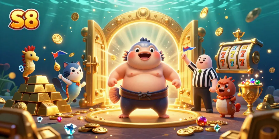 S8 captivates players with a dynamic underwater casino scene featuring a giant fugu and gold-filled treasures.