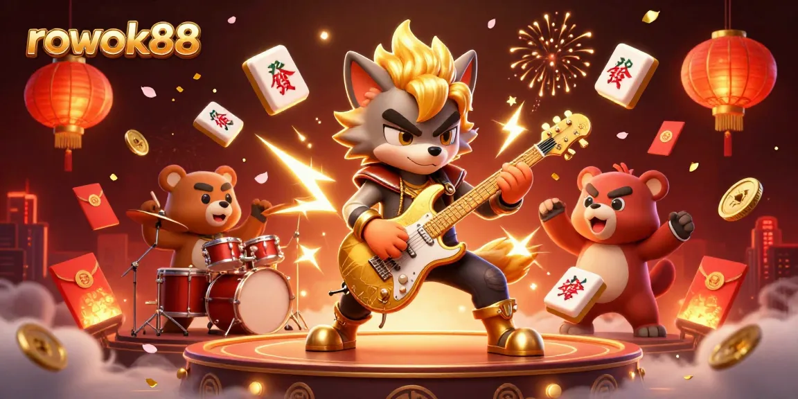Experience the vibrant rokok88 casino scene with a rock star wolf and dynamic visuals.