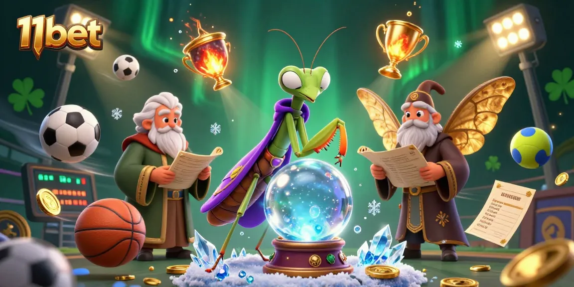 Experience thrilling gaming with 11bet as cartoon fortune tellers interact with vibrant sports elements.