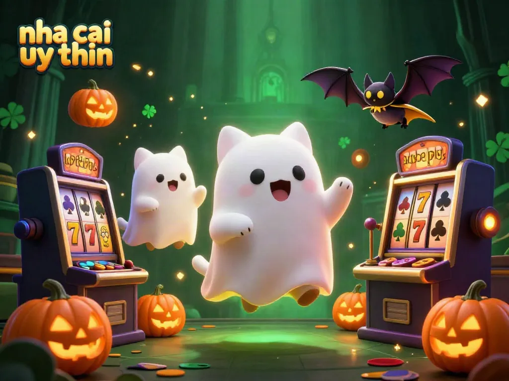 Experience exciting gambling adventures at nha cai uy tin with a haunted casino theme featuring ghostly characters and slot machines.