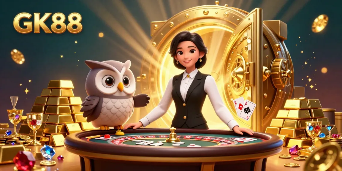 GK88 offers thrilling casino gaming with an elegant dealer at a baccarat table, amidst sparkling treasures.