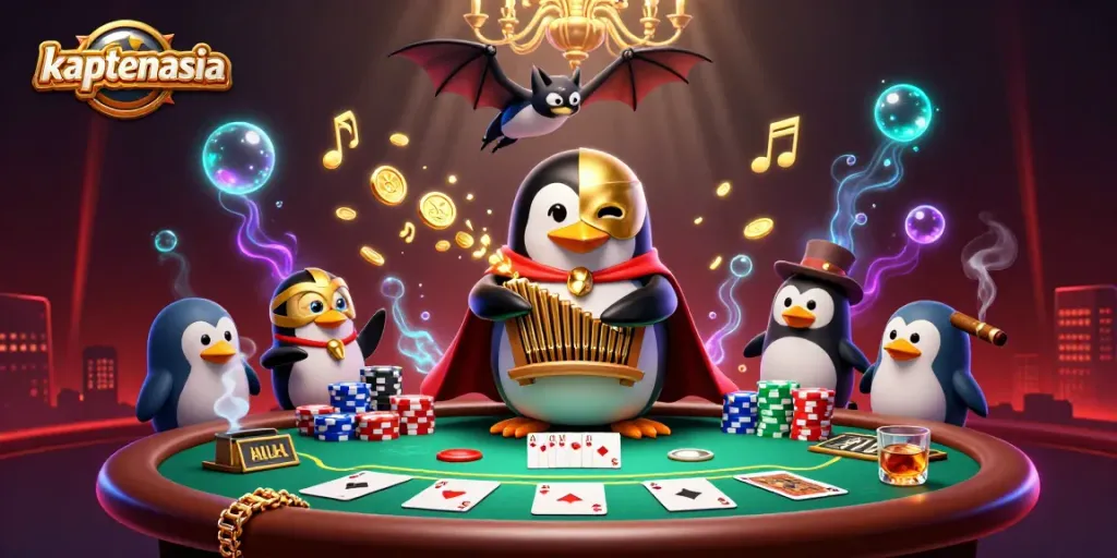 Engage with kaptenasia's exciting gambling scene featuring a penguin playing the organ surrounded by poker elements.
