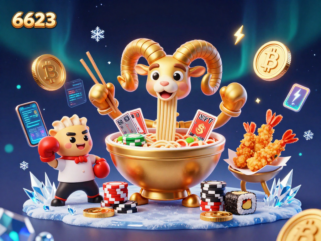 Engage with 6623's thrilling games featuring a giant ramen character and vibrant crypto elements.