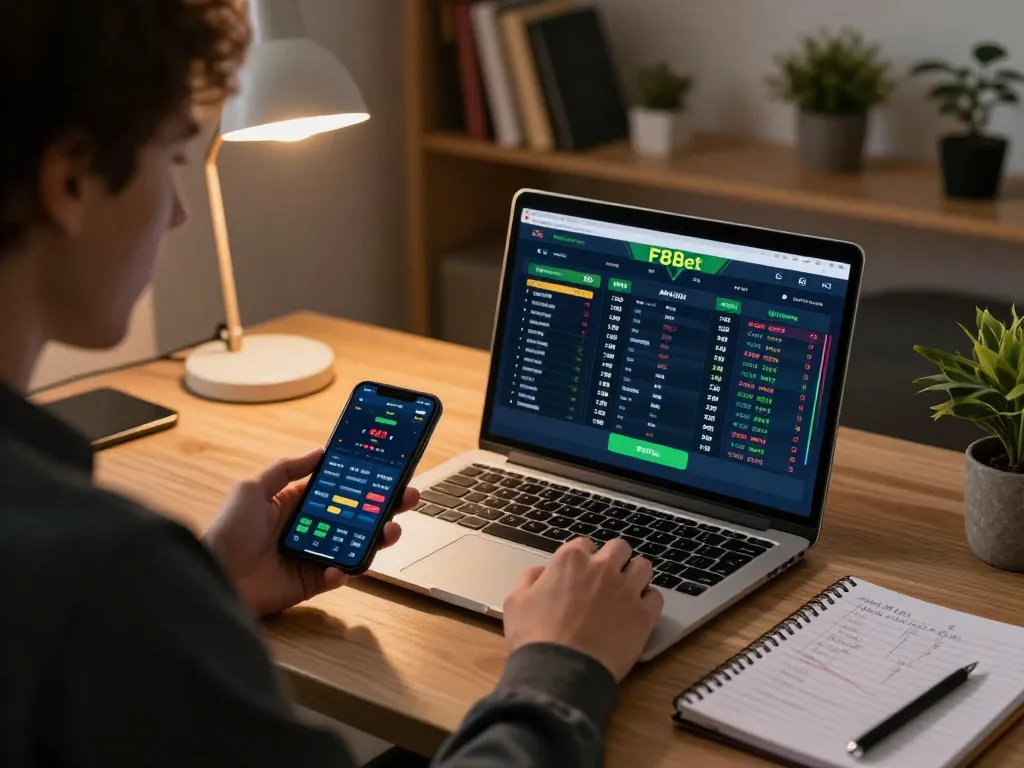 Engaging sports betting session on F8bet with laptop and smartphone at home desk.