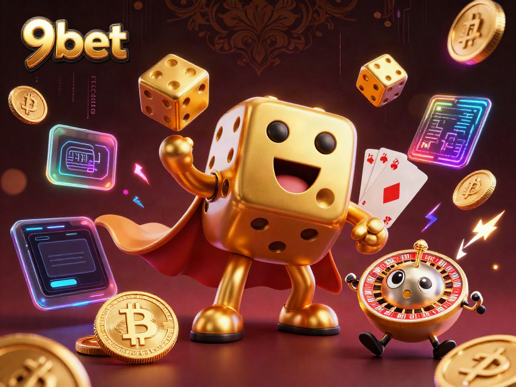 Engage with 9bet's dynamic gaming environment featuring golden dice and digital coins.