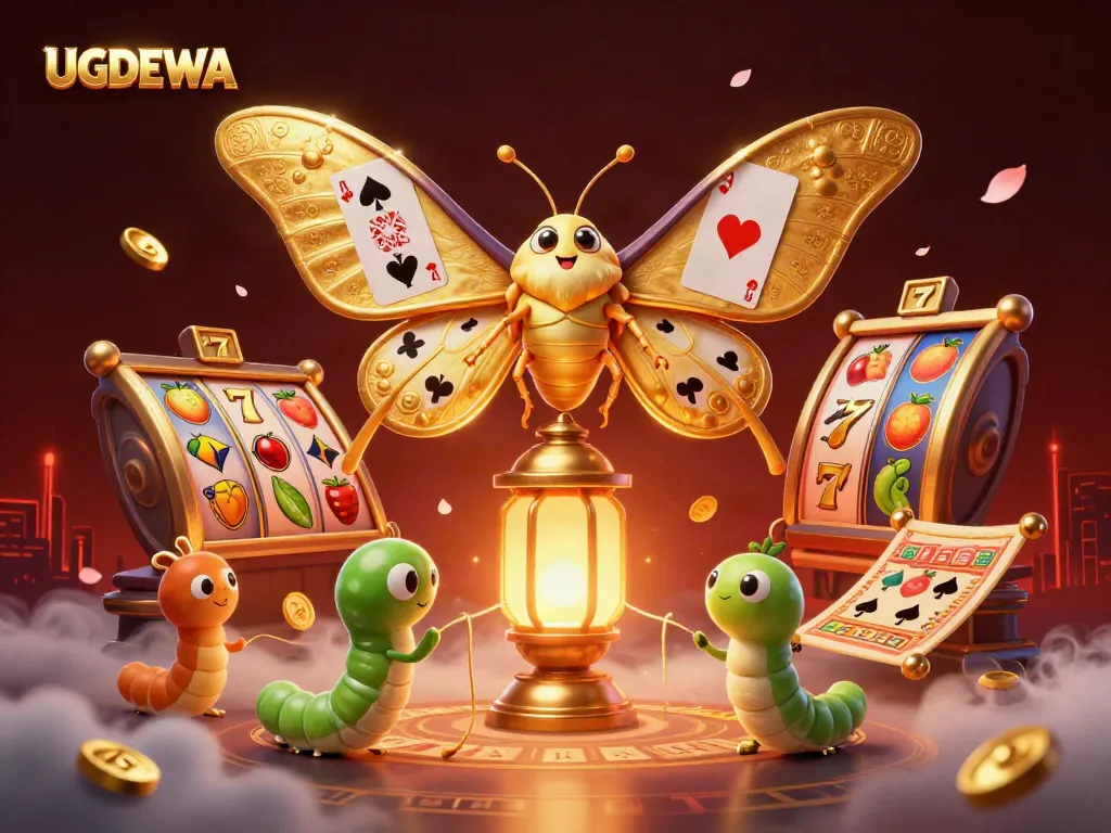 Explore UGDEWA's vibrant online casino scene with golden wings and slot reels.
