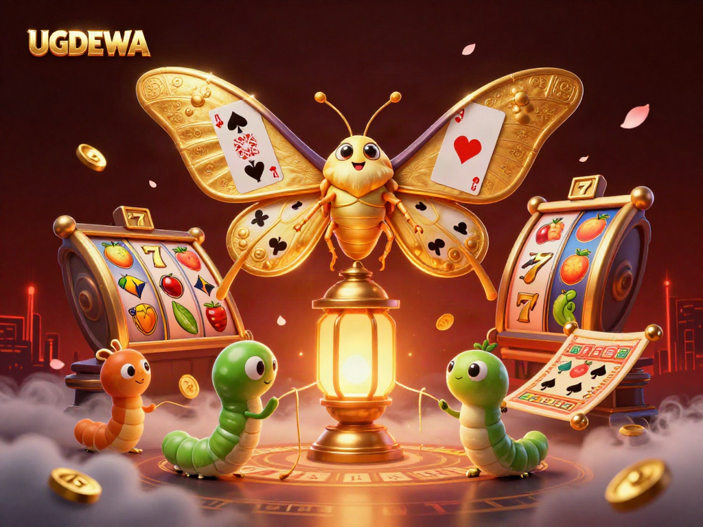 Explore UGDEWA's vibrant online casino scene with golden wings and slot reels.
