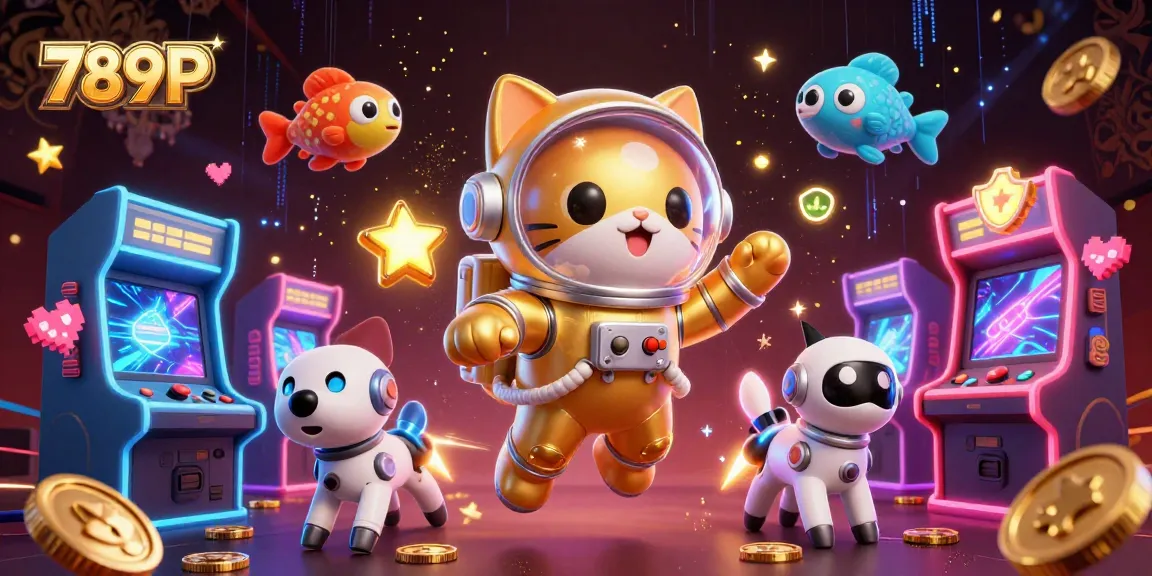 Experience thrilling gaming with 789P as a cosmic cat and robot dog explore a vibrant arcade.