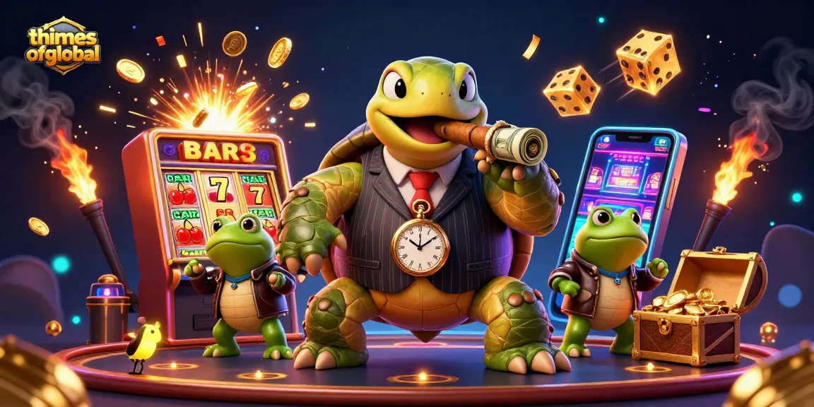 Thetimesofglobal showcases a dynamic casino scene with a turtle mobster and frog enforcers amid jackpot excitement.