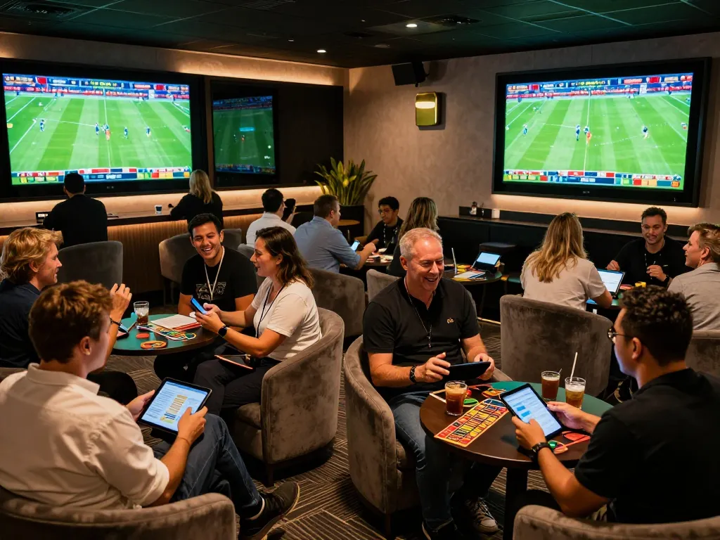 Kèo nhà cái sports betting scene with fans analyzing bets in a lively lounge