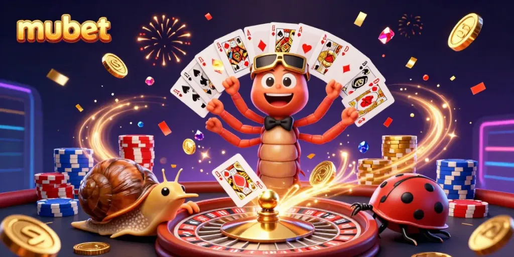 Experience thrilling wins at mubet with engaging 3D casino illustration showcasing lively characters and vibrant gameplay elements.