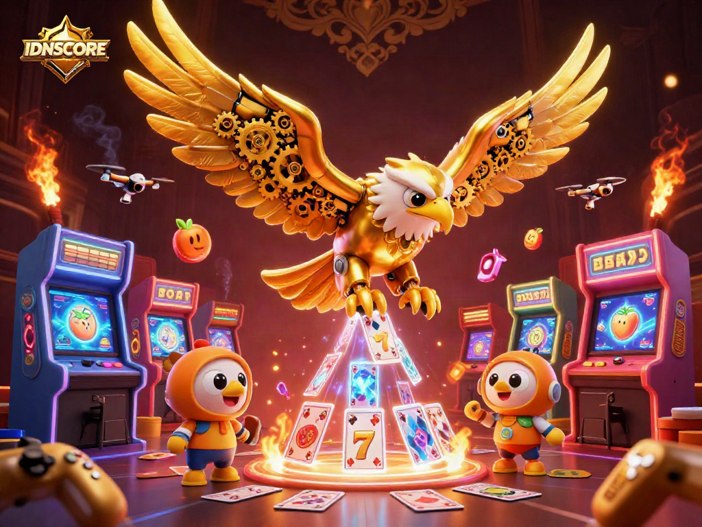 Experience thrilling gaming with IDNSCORE as a cybernetic eagle dives through holographic cards.