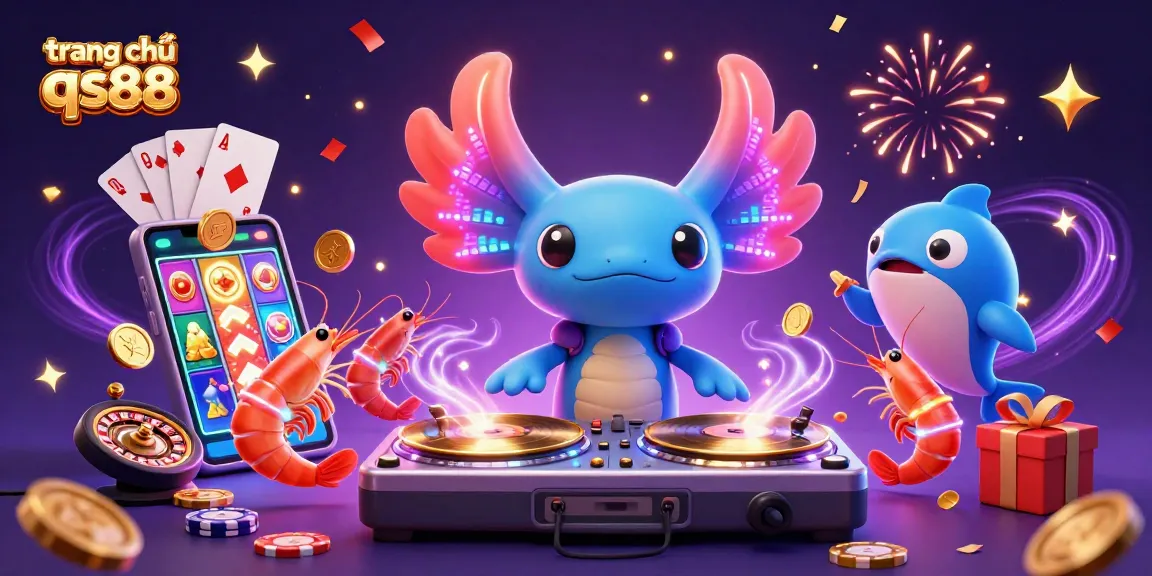 Win big on trang chủ qs88 as a neon axolotl DJ spins while celebrating with shrimp dancers and a hype-blowfish.