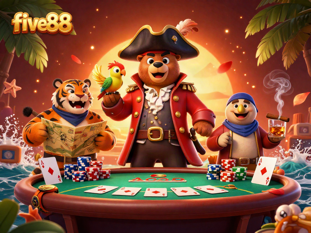 Experience exhilarating poker action with five88 as you join a pirate bear and tiger at a vibrant casino