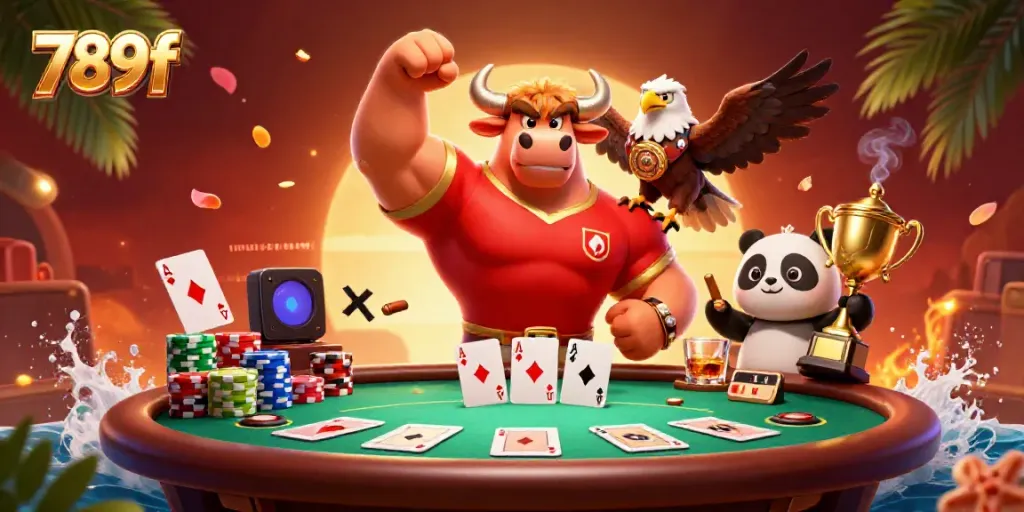 Experience high-stakes gaming with 789f featuring a bull mascot, poker elements, and vibrant casino atmosphere.
