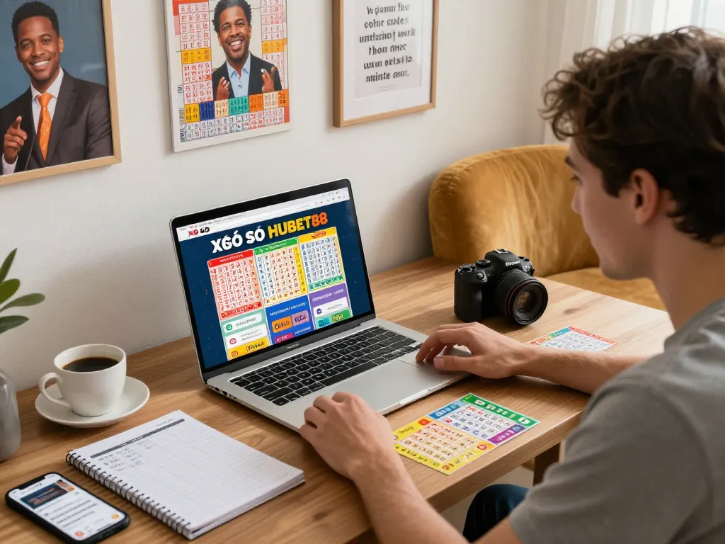 Xổ số hubet88 gaming scene featuring a player strategizing with lottery tickets and laptop, highlighting excitement.