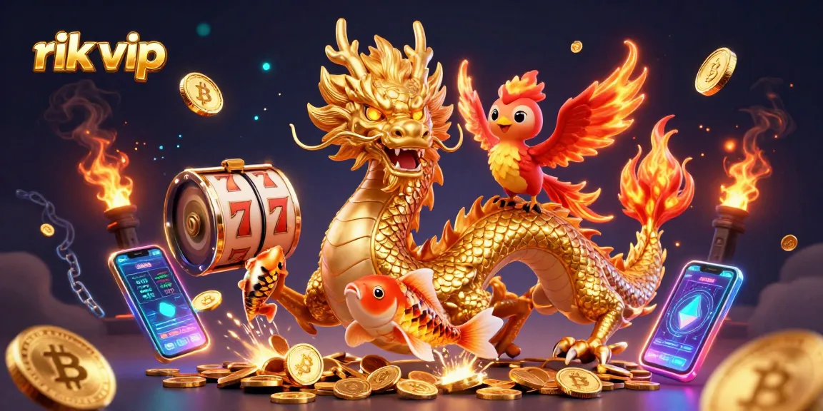 Play lucky games with rik vip in this vibrant casino illustration featuring exciting characters and gold coins.