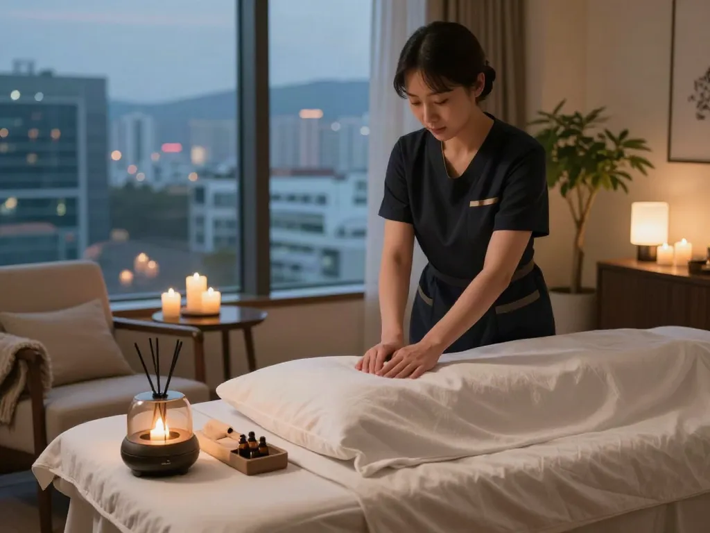 서울출장안마 professional massage therapy setup in a serene hotel room.