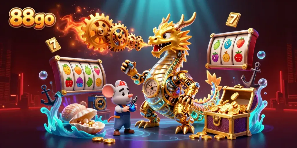 Experience the dynamic world of 88go casino gaming with a golden dragon amidst vibrant slot elements.