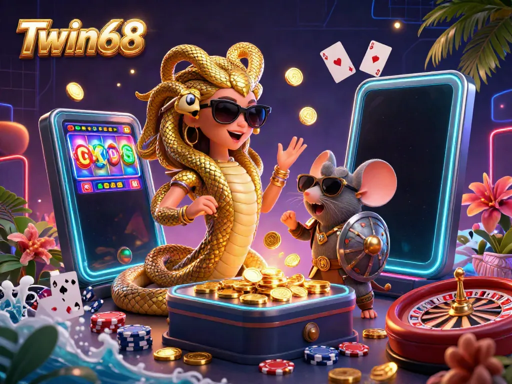 Engage with Twin68's exciting casino experience featuring a cheerful Medusa and a warrior mouse, all amidst vibrant gambling elements.