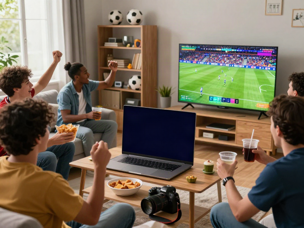Fans engaging with live football streaming on multiple devices from https://thapcamtvlive.live/ in an inviting home setup.