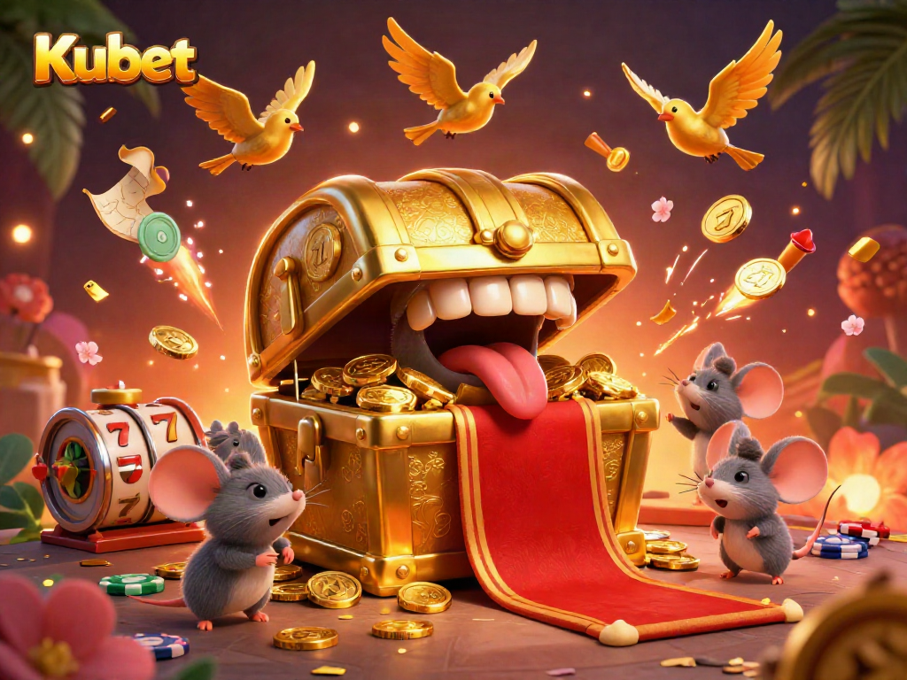 Kubet showcases a vibrant casino scene with dynamic slot reels, captivating adventure elements, and a rich treasure chest.