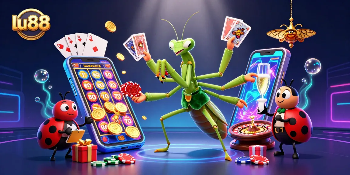 lu88 showcases a vibrant casino scene with a praying mantis card sharp and ladybug pit boss amidst rich gaming elements.