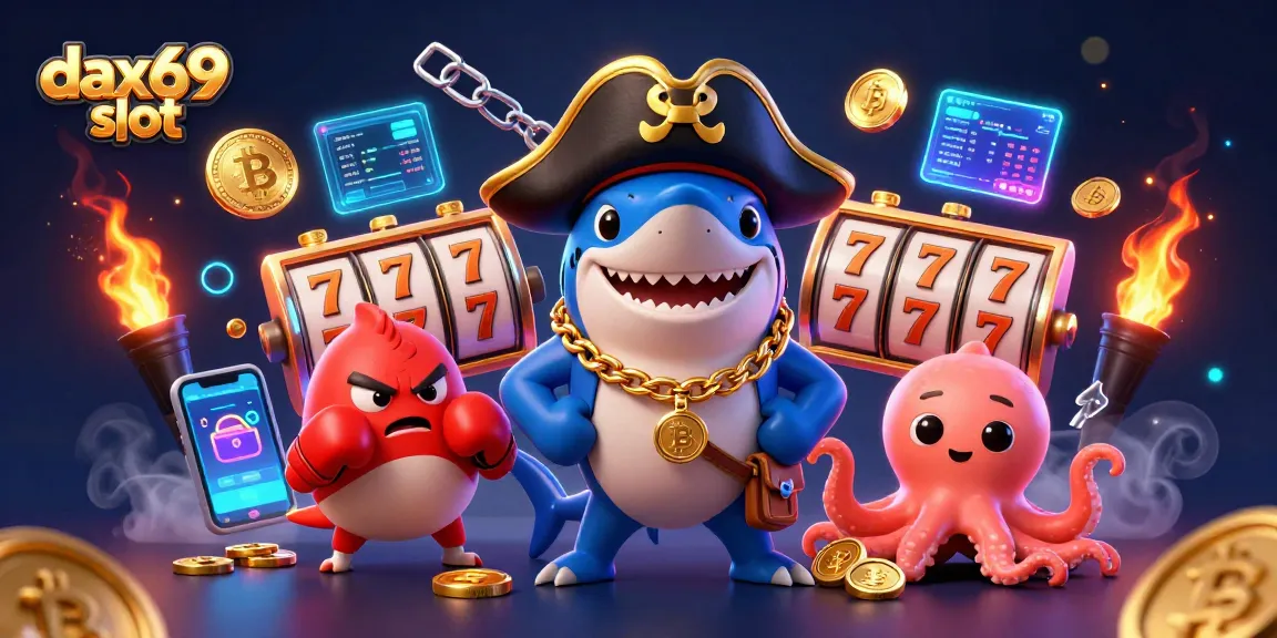 Mesin slot dax69 slot menampilkan hiu bajak laut 3D yang lucu dengan badut ikan puff merah dan bayi gurita membawa koin emas.