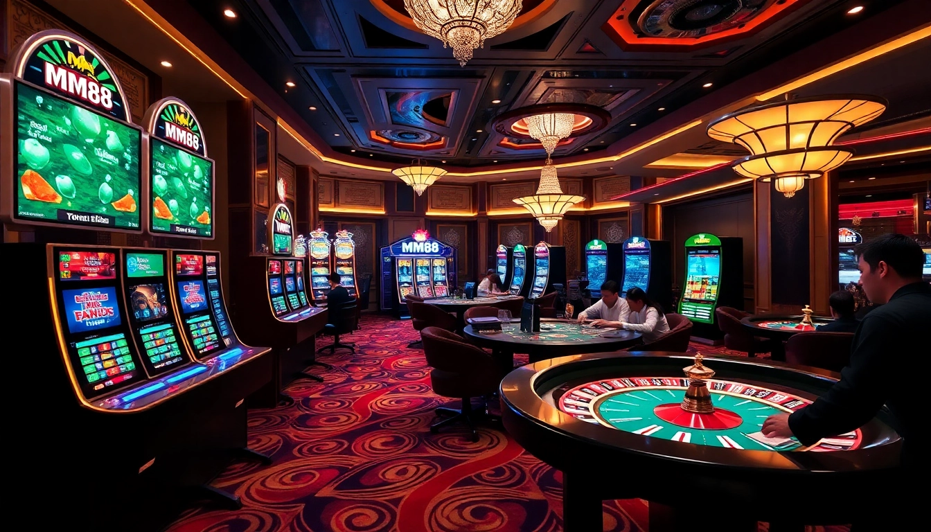 Experience the thrills of gambling at MM88 with vibrant casino visuals and engaging players.