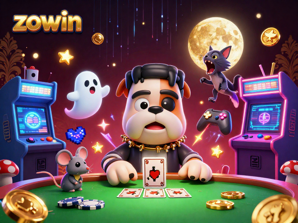 Zowin offers an exciting 3D illustration showcasing a spooky casino scene with unique characters and vibrant game elements.