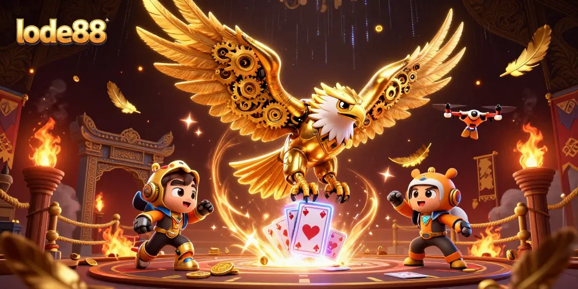 lode88 offers thrilling online gaming with a cybernetic eagle soaring through holographic cards