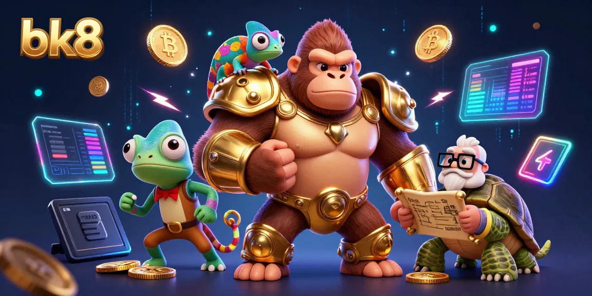 Engage with bk8's vibrant gaming world represented by a powerful gorilla, color-shifting chameleon, and a wise tortoise amidst crypto elements.