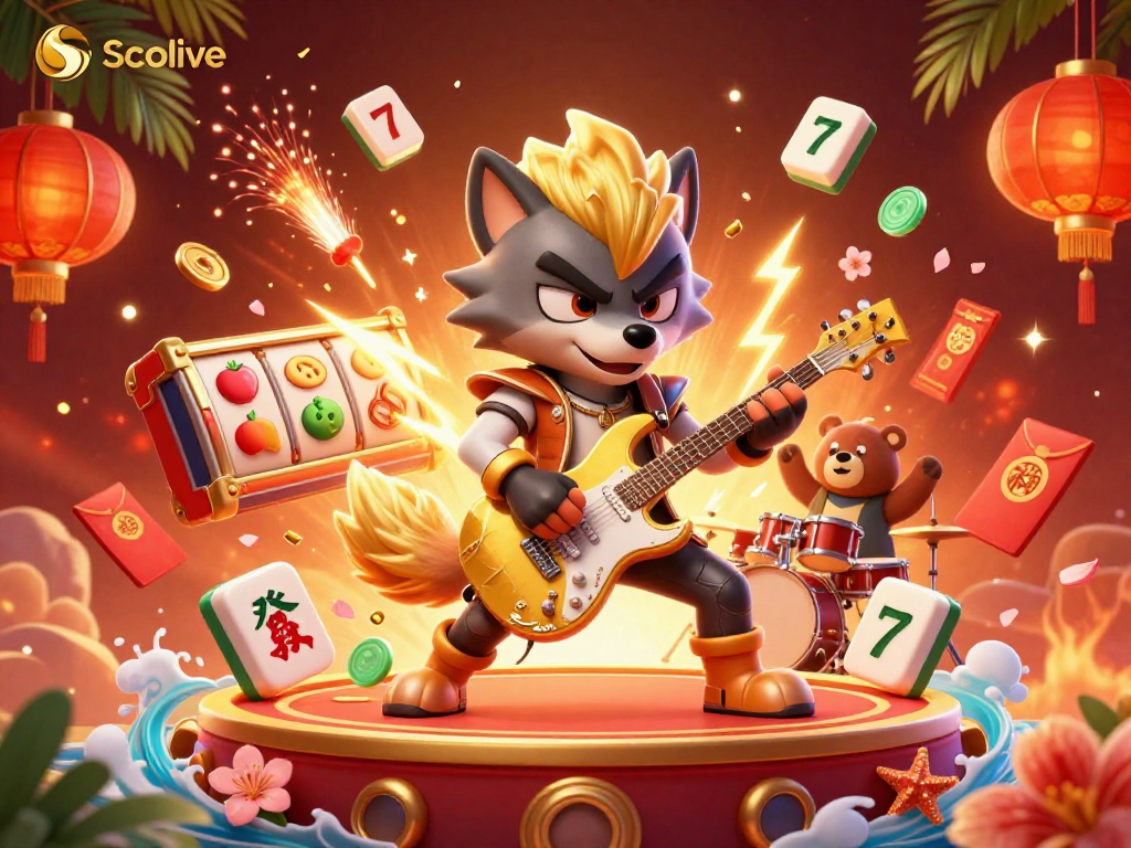 Socolive's engaging casino scene features a rock star wolf with slot machines, drums, and festive elements.