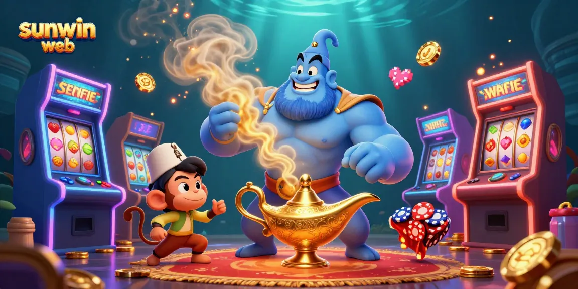 Experience the excitement of sunwin web with a vibrant 3D illustration featuring a magical genie and poker chips.