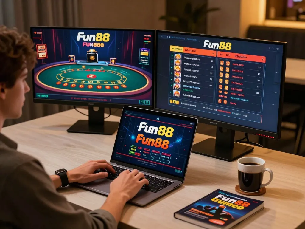 Play on Fun88 platform with a stylish online setup showing active casino gameplay on laptop.