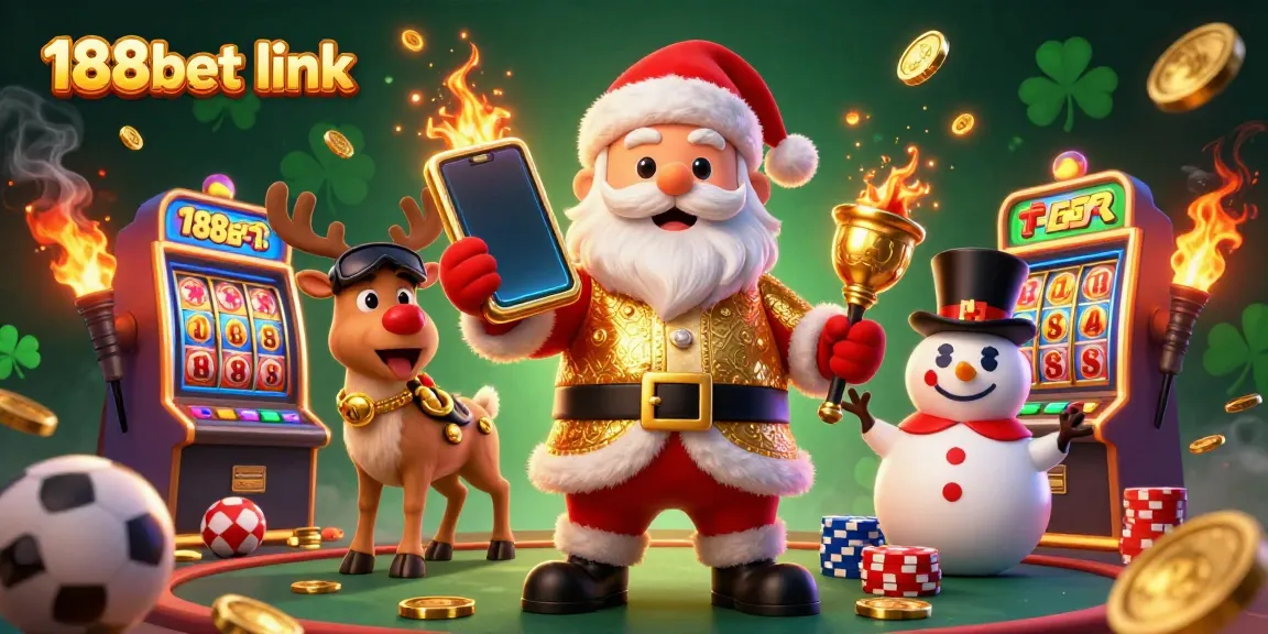 Engage with the thrilling 188bet link featuring a festive casino scene with Santa, reindeer, and snowman.