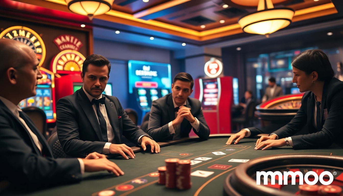 Exciting poker game at a casino with players analyzing their hands, featuring mmoo elements.