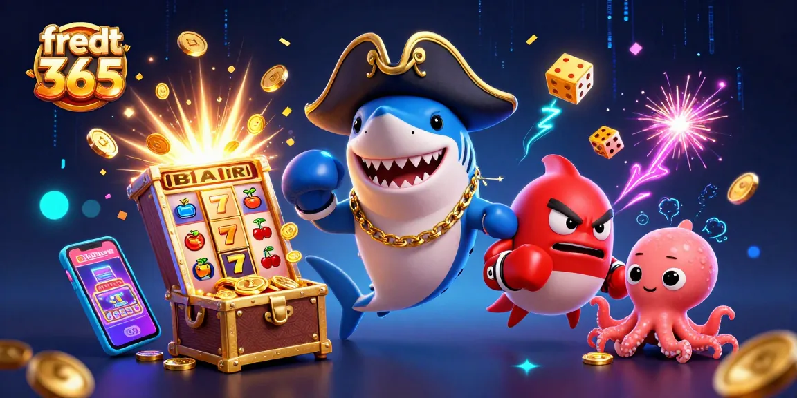 Spin with excitement using free credit 365 in this vibrant casino-themed illustration of a playful shark and friends.