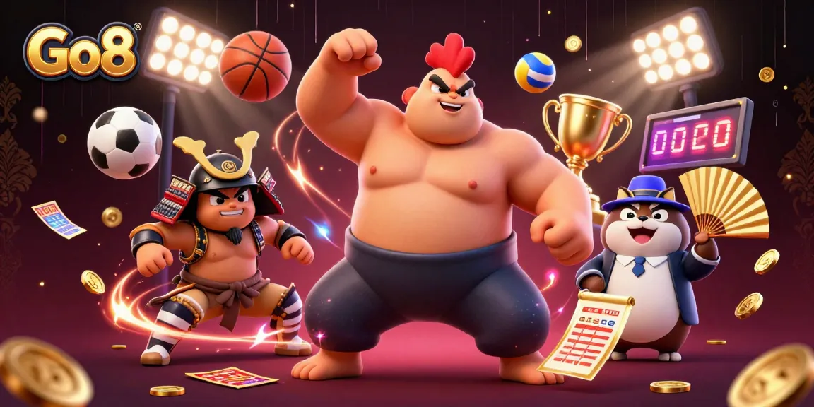 Wager victories with Go8 as a powerful sumo wrestler rooster and samurai cricket dominate a dynamic casino backdrop.