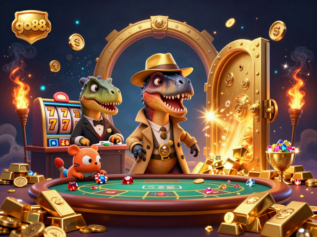 Win big at go88's cartoon casino featuring a velociraptor card counter and stegosaurus pit boss.