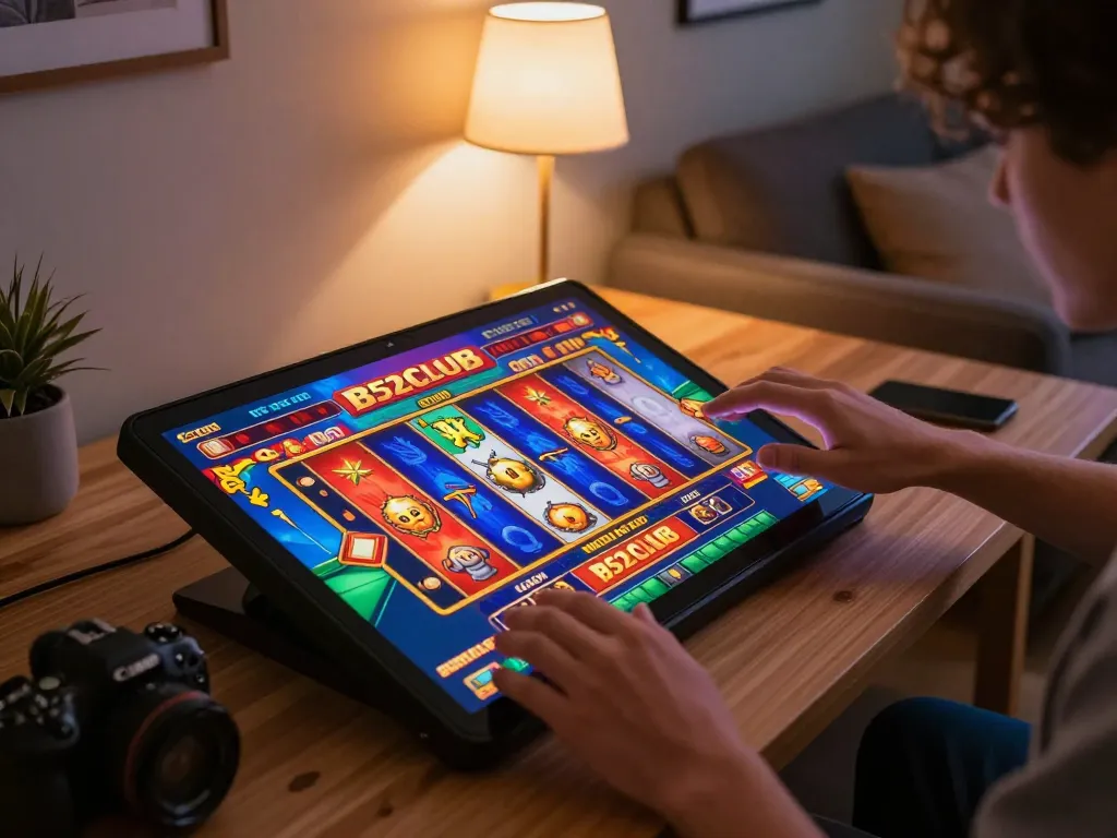 B52CLUB player actively engaging with vibrant slot game interface on mobile in cozy home environment.