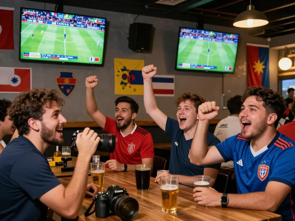 Fans cheering for their teams during World Cup 2026 matches at an energetic sports bar.