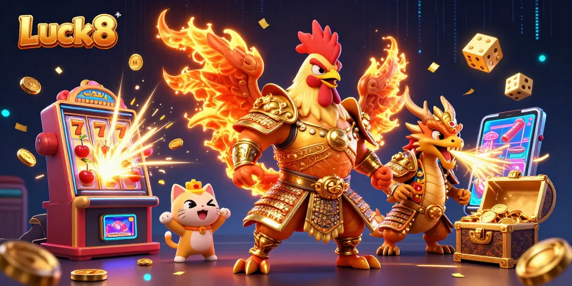 Experience Luck8's exciting gaming with a vibrant scene of cartoon characters and slot machines.