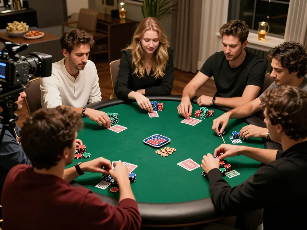 Friends enjoying an intense poker game at home while playing VN 88 strategically, with chips and cards on the table.